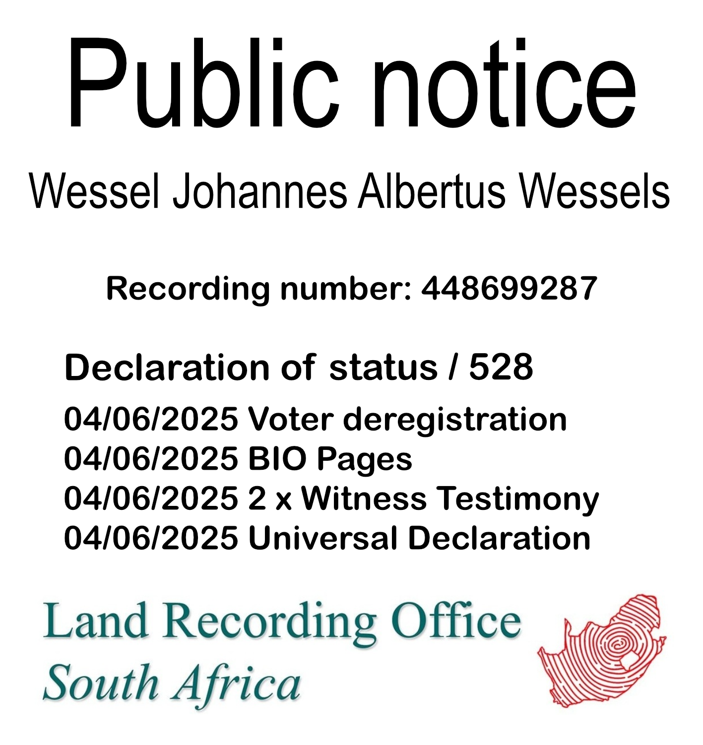 Public Notice Wessel Johannes Albertus Wessels (c) Recording number 448699287